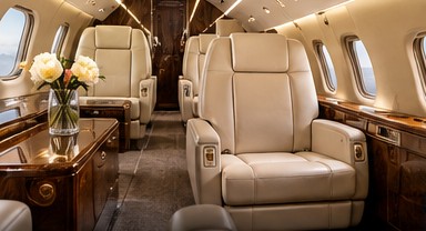 Stylized luxury aircraft cabin with refined upholstery and gold trim