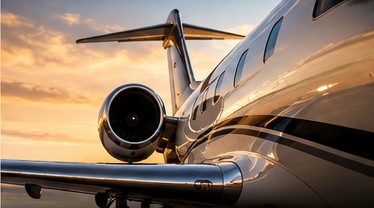 Private jet exterior at sunset